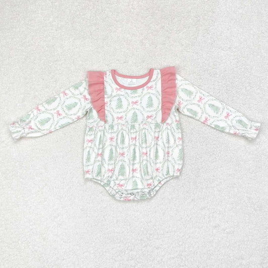 LR1105 Pink lace long-sleeved bodysuit with Christmas tree bow pattern