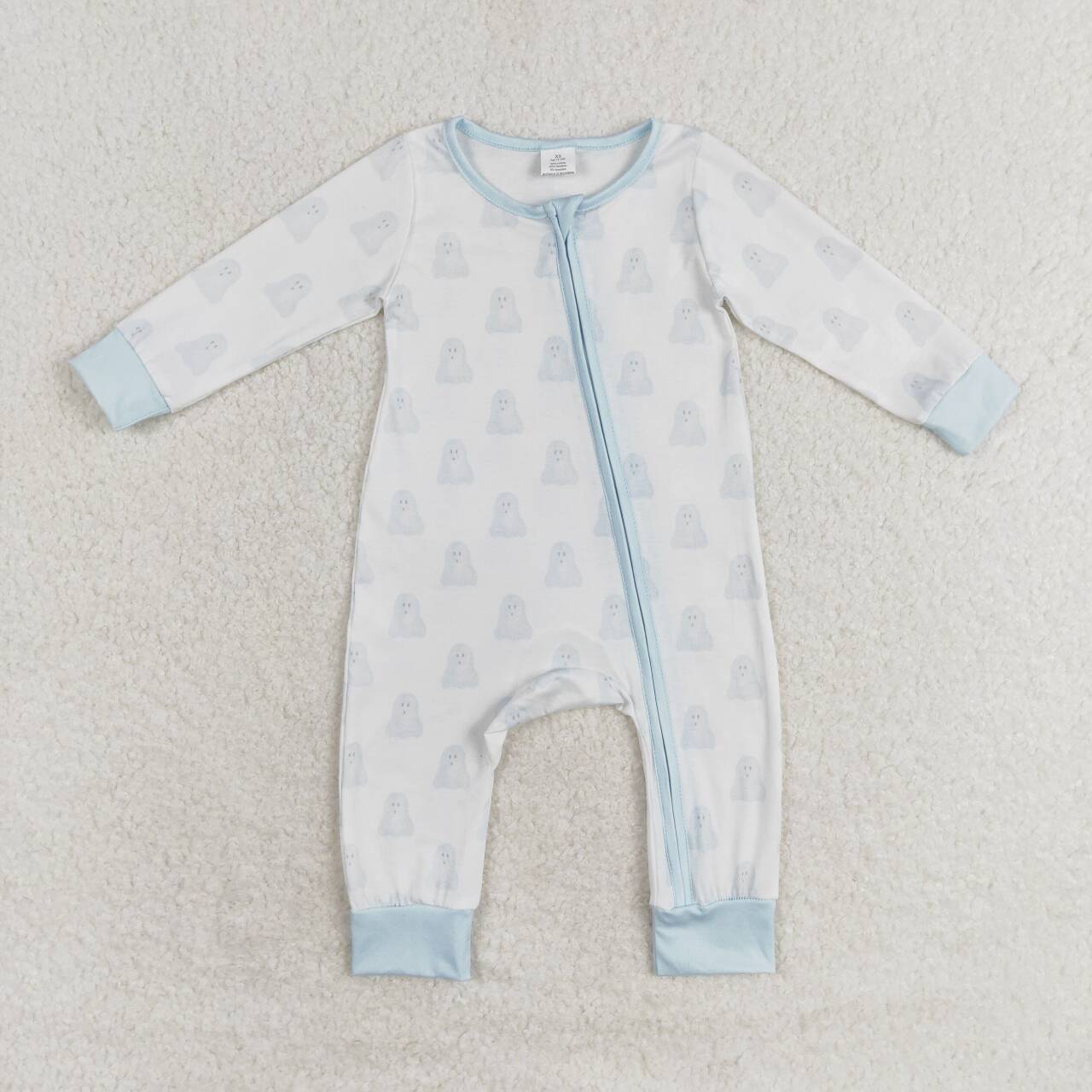 LR1125 Bamboo Blue Ghost White Zipper Long Sleeve Bodysuit