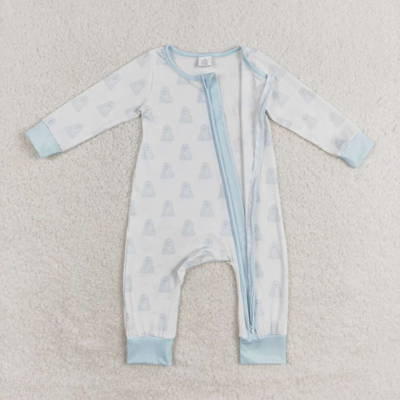 LR1125 Bamboo Blue Ghost White Zipper Long Sleeve Bodysuit