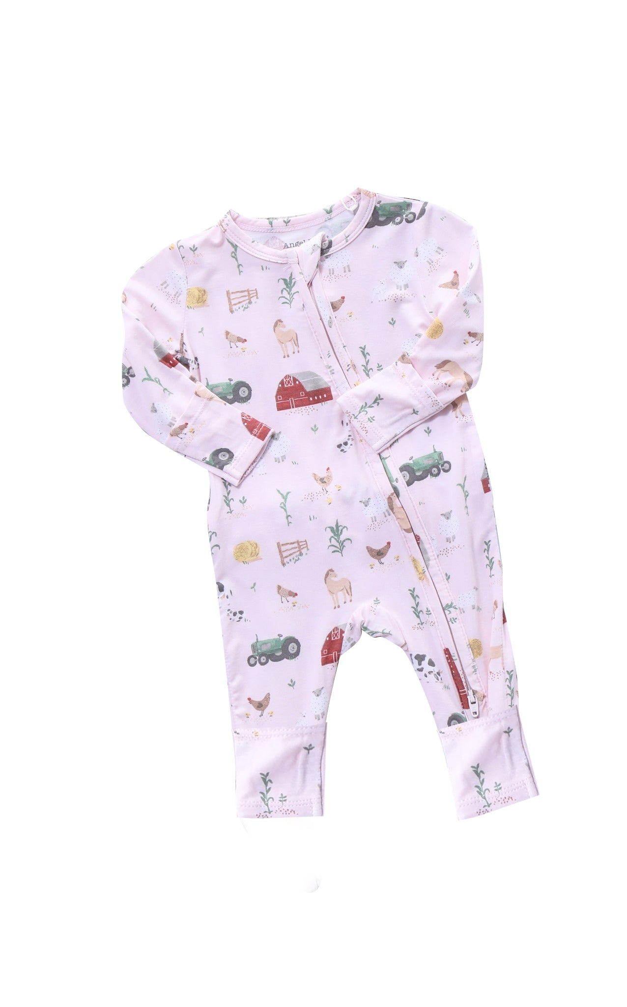 presale LR1136 Farm Animals Red House Tractor Pink Zipper Long Sleeve Onesie