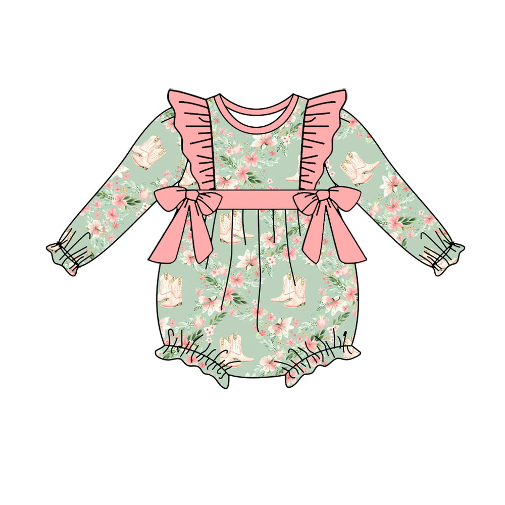 presale LR1137 Green long-sleeved bodysuit with pink floral lace and bow