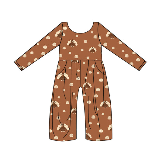 presale LR1138 Turkey Pumpkin Pocket Brown Long Sleeve Bodysuit