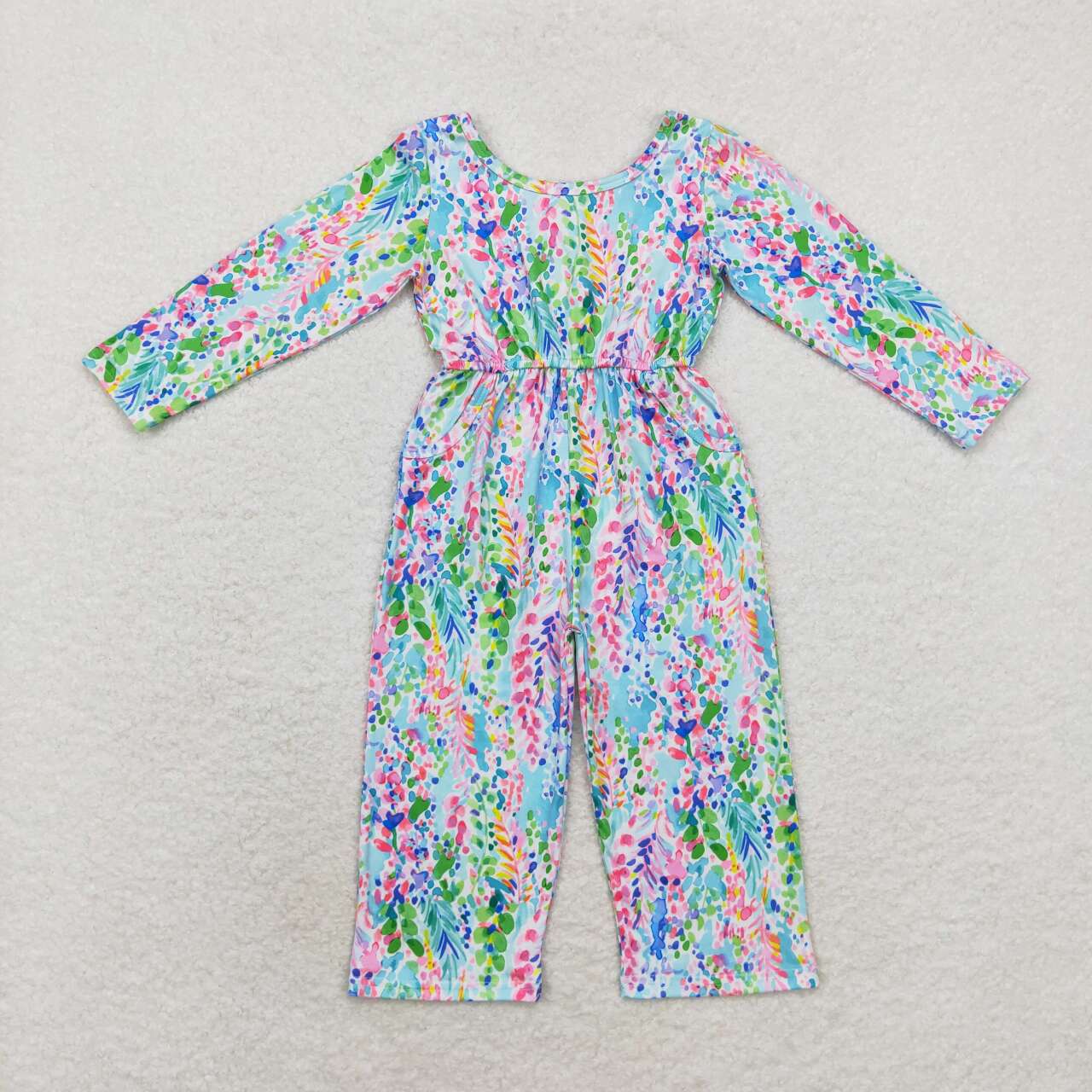 LR1141 Purple Green Rattan Flower Pocket Long Sleeve Bodysuit