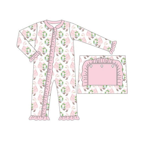 presale LR1147 Pink Santa Wreath Zip-Up Long Sleeve Bodysuit