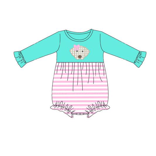 presale LR1152 Puppy Embroidery Pink and White Striped Lace Long Sleeve Bodysuit