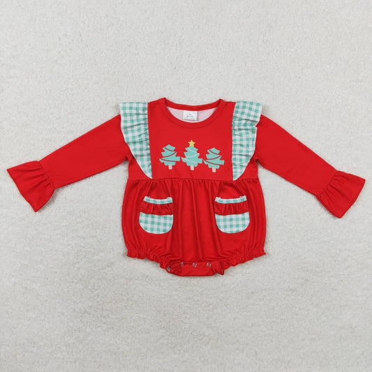 LR1161 Christmas Tree Green Plaid Pocket Red Long Sleeve Bodysuit