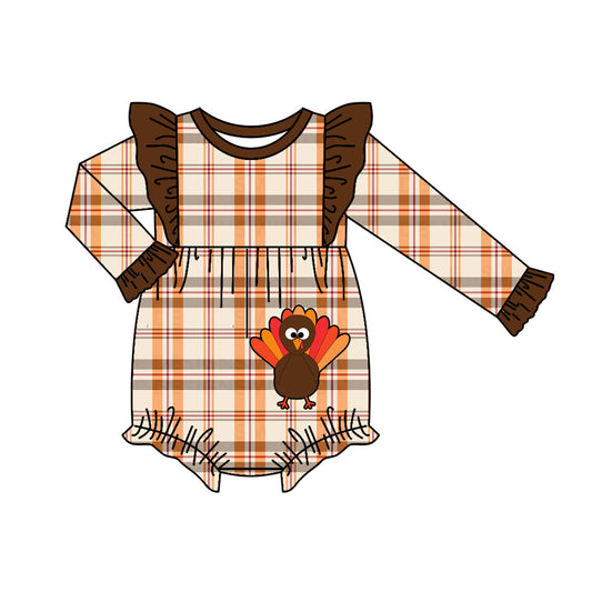presale LR1165 Turkey Plaid Brown Lace Long Sleeve Bodysuit