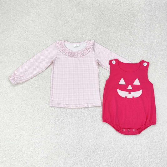 LR1171 Halloween Pink Plaid Lace Long Sleeve Rose Red Vest Bodysuit Set