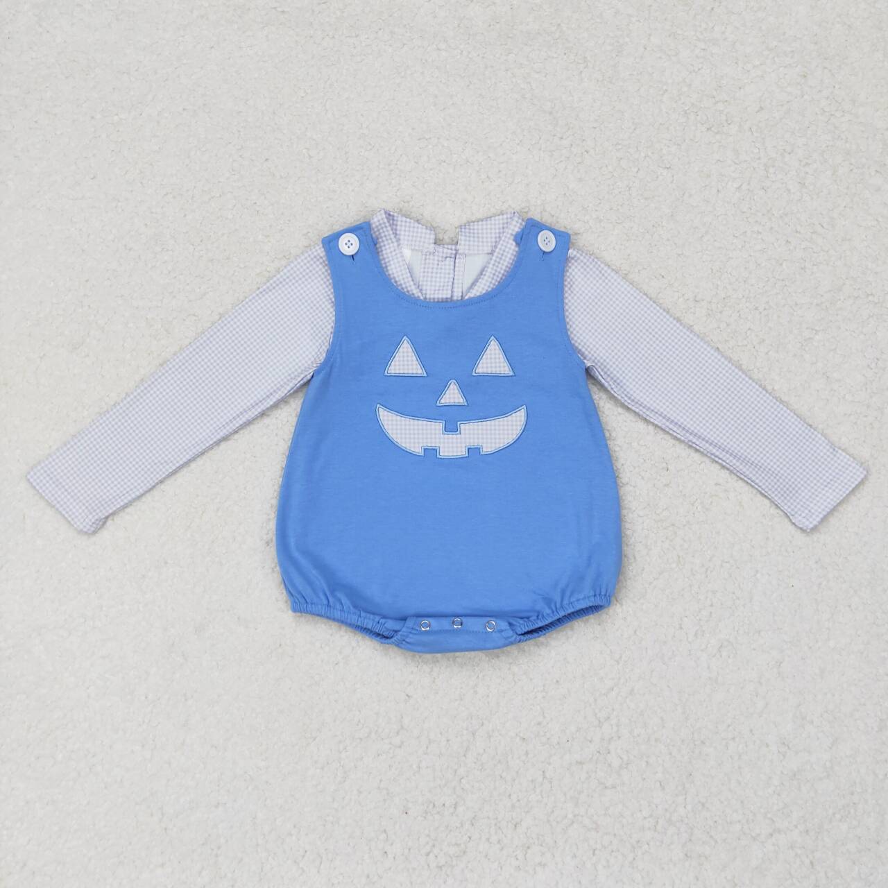 LR1172 Halloween Blue Plaid Doll Collar Long Sleeve Smiley Face Vest Bodysuit Set