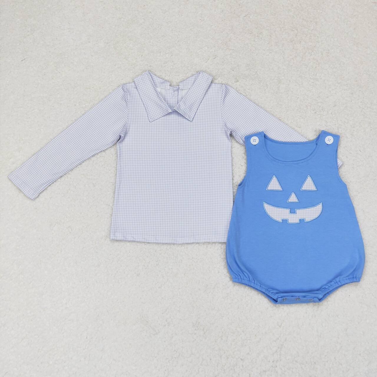 LR1172 Halloween Blue Plaid Doll Collar Long Sleeve Smiley Face Vest Bodysuit Set