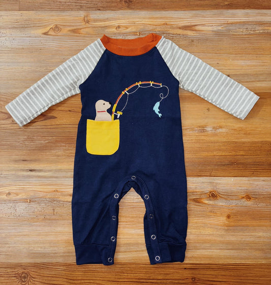 presale LR1179 Fishing Puppy Yellow Pocket Navy Blue Long Sleeve Onesie Romper