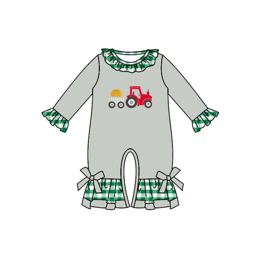 presale LR1182 Red Tractor Green Plaid Grey Long Sleeve Bodysuit
