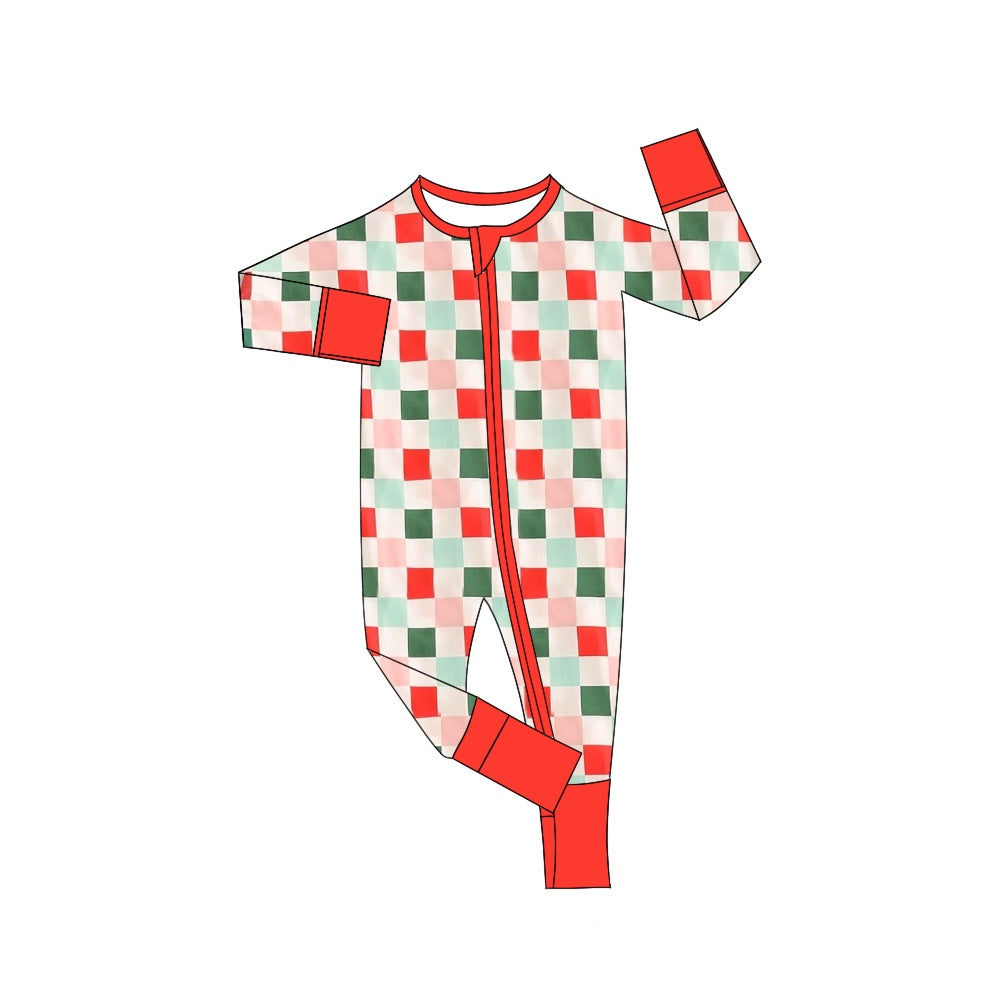 LR1197 Bamboo Christmas Colorful Plaid Zipper Long Sleeve Bodysuit