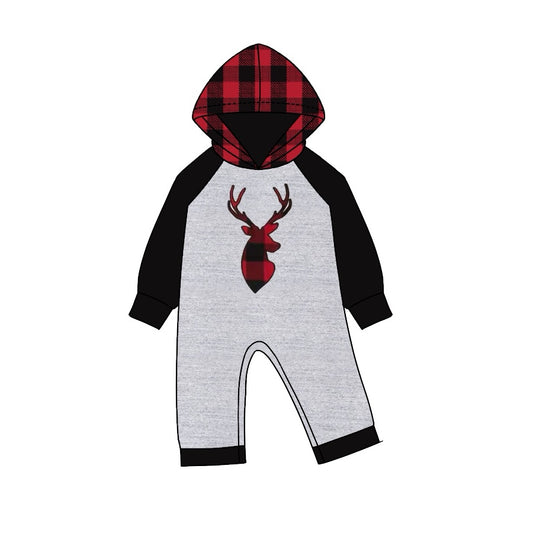 presale LR1201 Christmas Reindeer Red and Black Plaid Hooded Long Sleeve Bodysuit