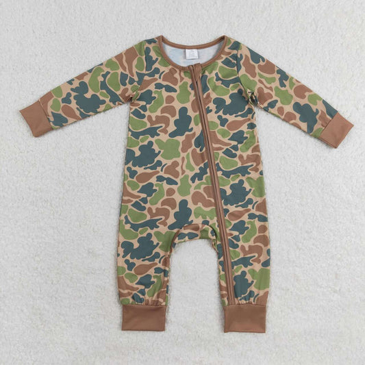 LR1203 Brown Green Camouflage Zipper Long Sleeve Bodysuit