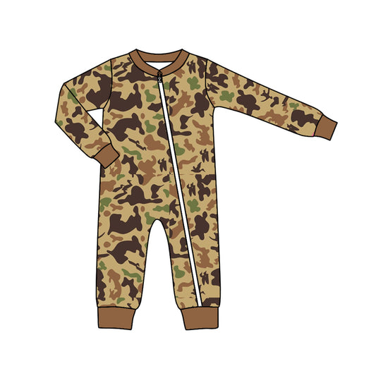 presale LR1205 Brown Camouflage Zip-Up Long Sleeve Bodysuit