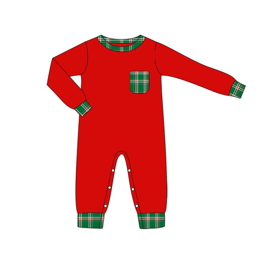 presale LR1213 Christmas Plaid Green Pocket Red Long Sleeve Bodysuit