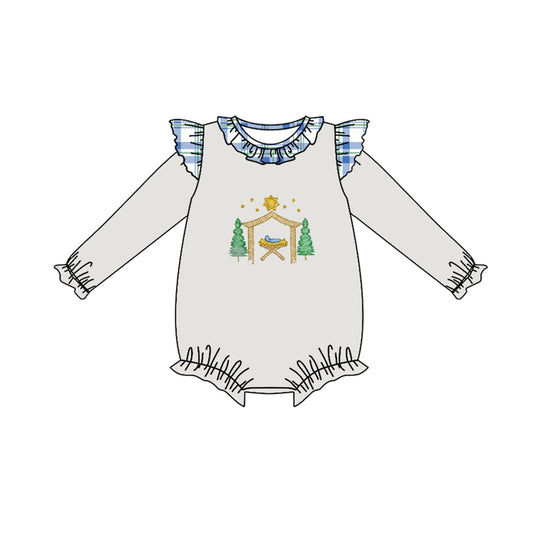 presale LR1223 Christmas Tree Jesus Blue Plaid Light Grey Long Sleeve Bodysuit