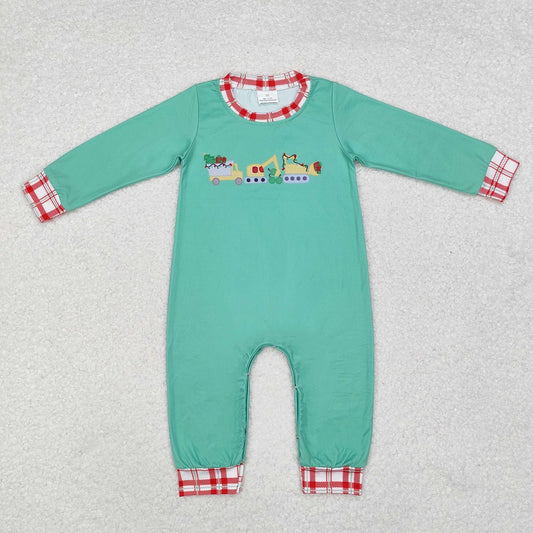 LR1235 Christmas Tree Truck Construction Vehicle Green Long Sleeve Bodysuit