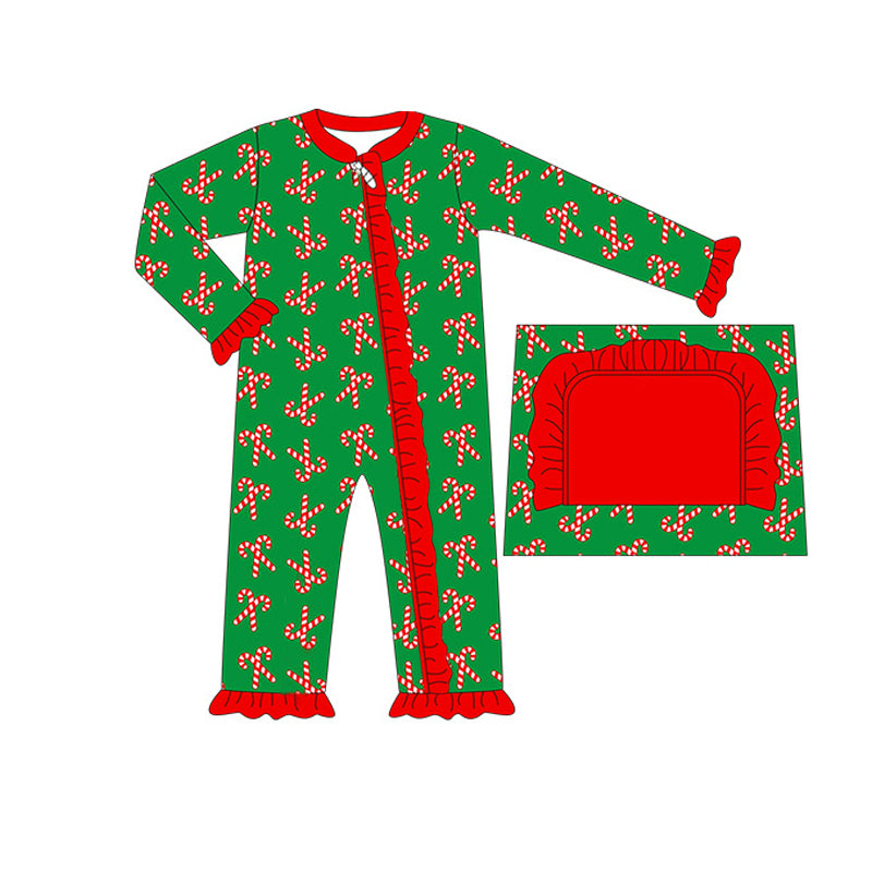 presale LR1236 Santa Cane Red Lace Green Zipper Long Sleeve Bodysuit