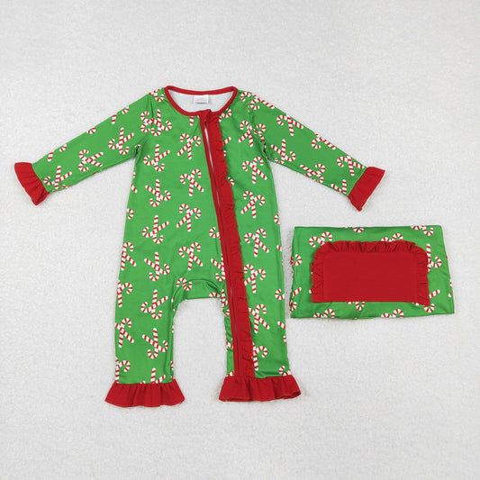 LR1236 Santa Cane Red Lace Green Zipper Long Sleeve Bodysuit