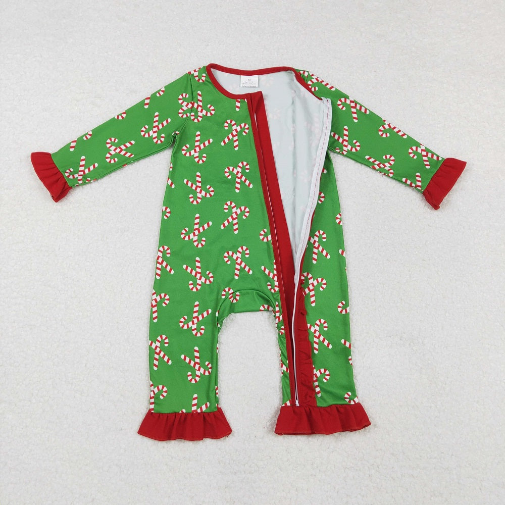 LR1236 Santa Cane Red Lace Green Zipper Long Sleeve Bodysuit