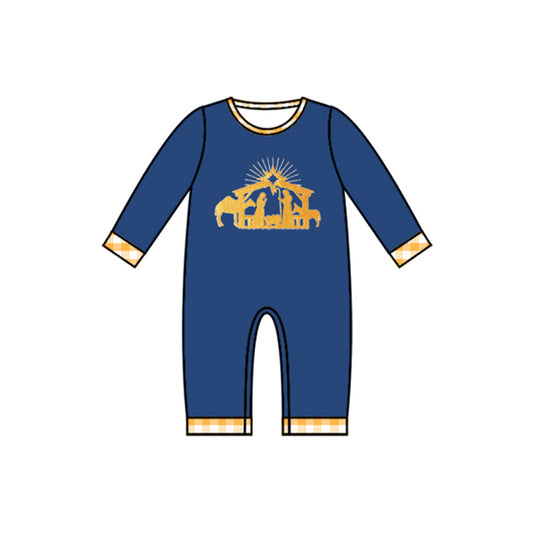 presale LR1245 Jesus Yellow Plaid Navy Blue Long Sleeve Bodysuit