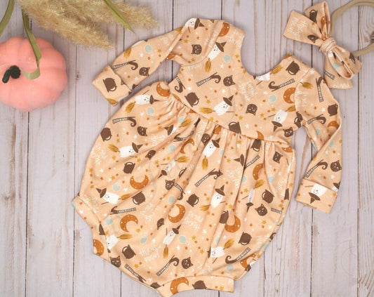 presale LR1252 Halloween Ghost Witch Hat Cat Long Sleeve Onesie Romper