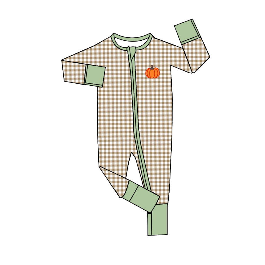 LR1254 Pumpkin Khaki Plaid Zip-Up Long Sleeve Bodysuit
