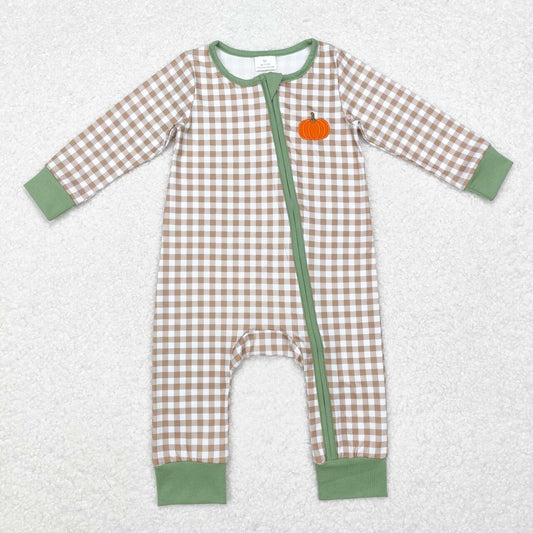 LR1254 Pumpkin Khaki Plaid Zip-Up Long Sleeve Bodysuit