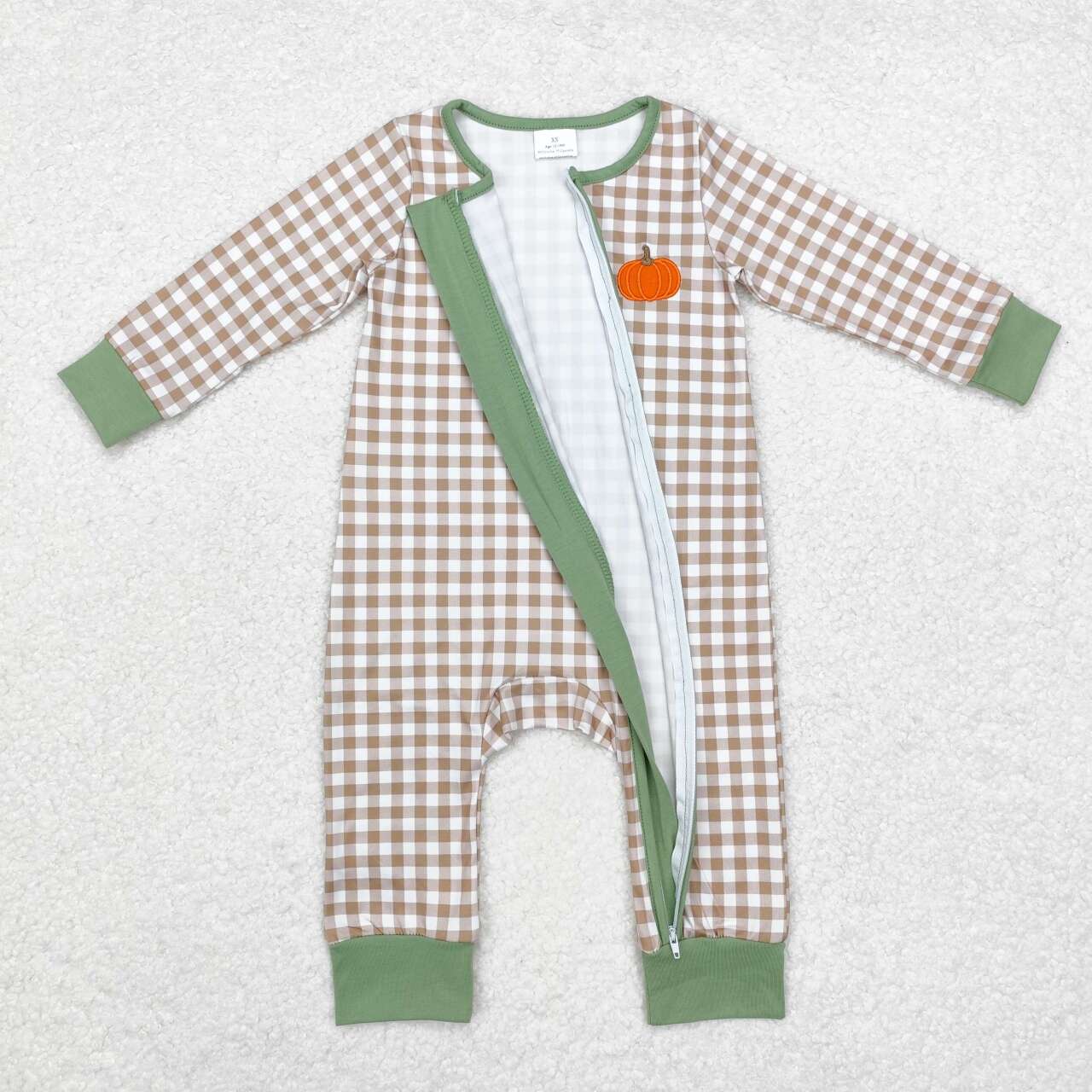LR1254 Pumpkin Khaki Plaid Zip-Up Long Sleeve Bodysuit