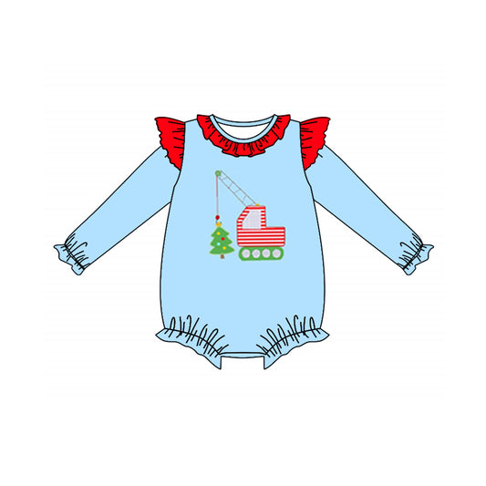 presale LR1258 Christmas Tree Construction Truck Red Lace Blue Long Sleeve Bodysuit