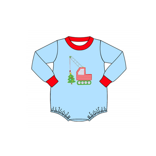 presale LR1259 Christmas Tree Construction Truck Red Trim Blue Long Sleeve Bodysuit