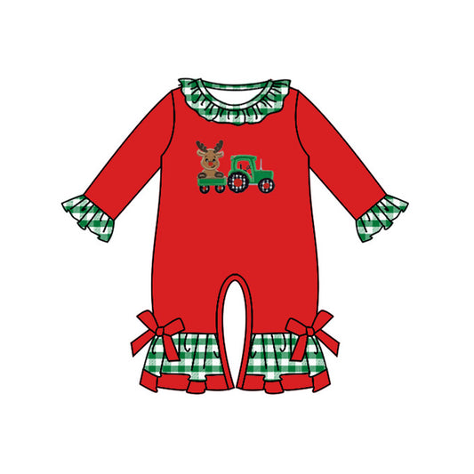 presale LR1261 Christmas Reindeer Truck Green Plaid Red Long Sleeve Bodysuit