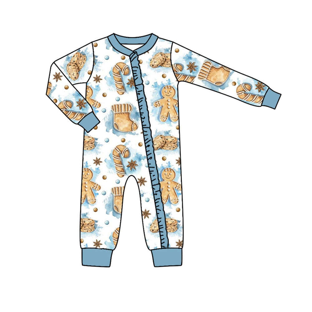 presale LR1275 Gingerbread Man Cookie Lace Blue and White Zipper Long Sleeve Bodysuit