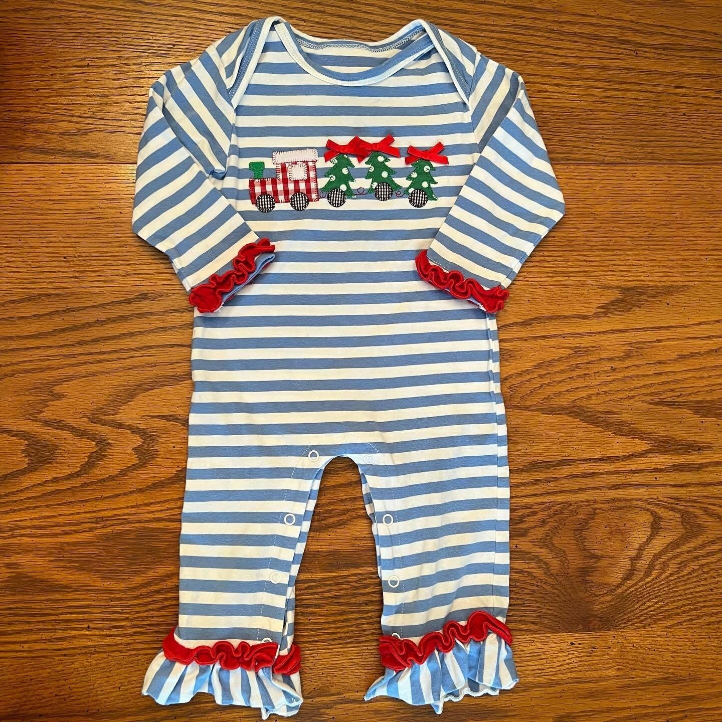 presale LR1284 Christmas Tree Train Blue Stripe Red Lace Long Sleeve Bodysuit