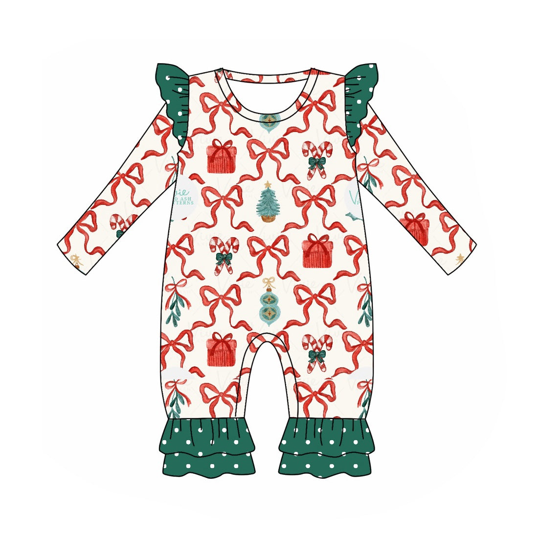 LR1285 Christmas Bow Cane Pattern Polka Dot Green Lace Long Sleeve Bodysuit