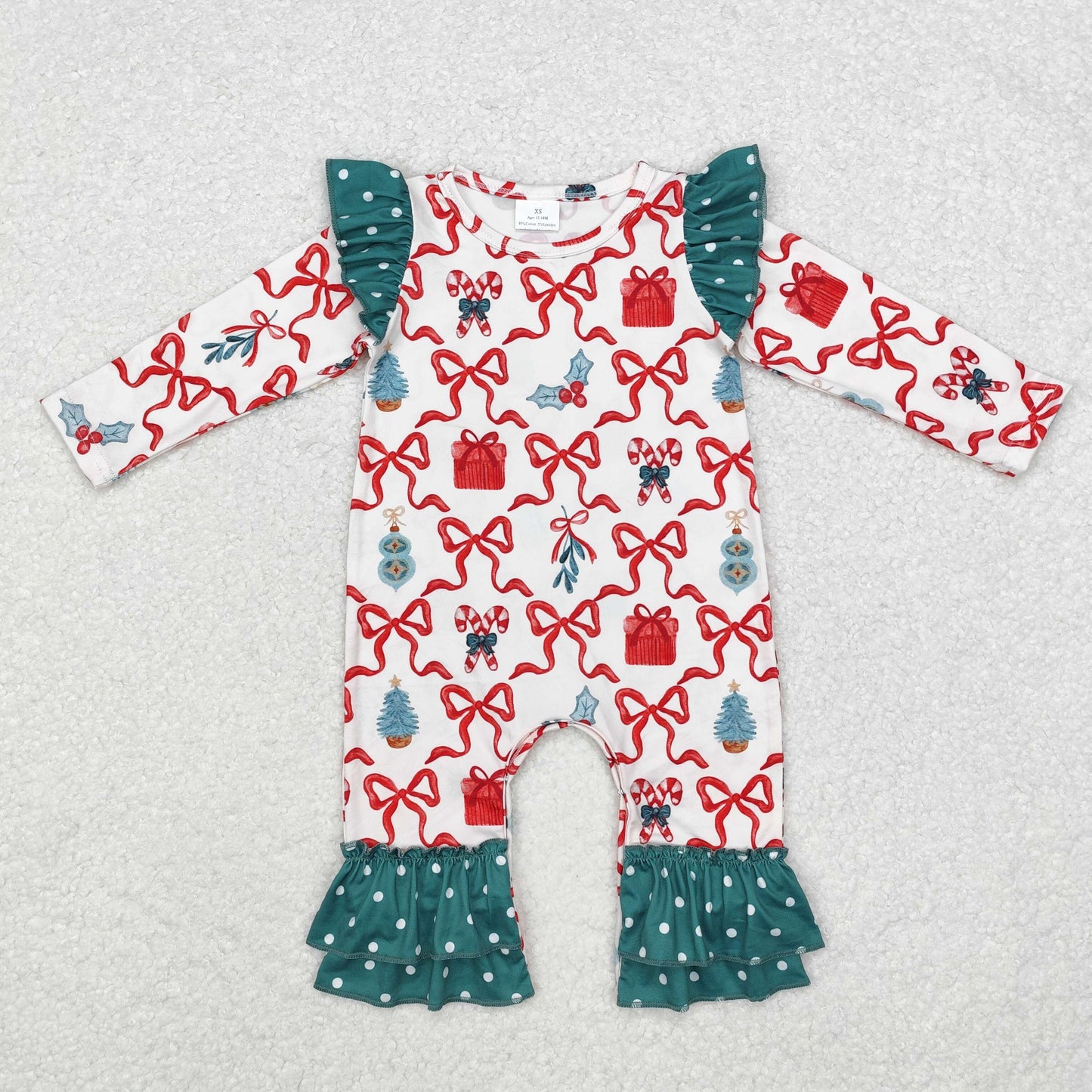 LR1285 Christmas Bow Cane Pattern Polka Dot Green Lace Long Sleeve Bodysuit