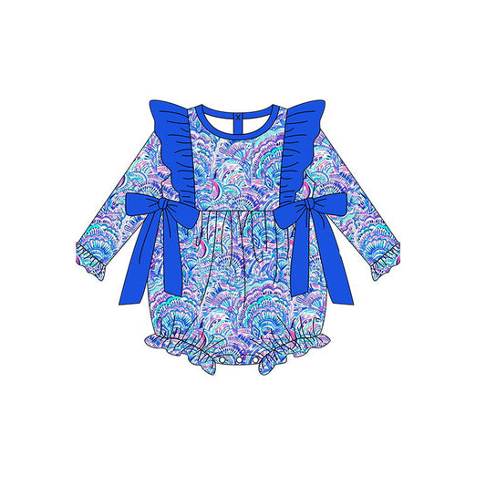 presale LR1292 Shell Pattern Blue Lace Bow Long Sleeve Bodysuit