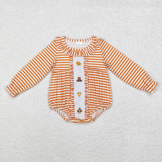 LR1300 Leaf Hat Cake Turkey Orange Stripe Lace Long Sleeve Bodysuit