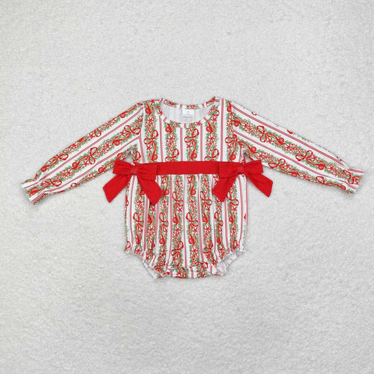 LR1303  Christmas Bow Pattern Red Bow Long Sleeve Bodysuit