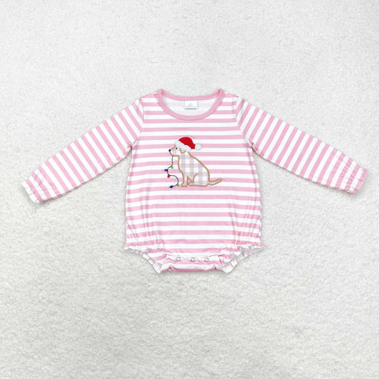 LR1306 Christmas hat puppy light striped pink and white long-sleeved jumpsuit