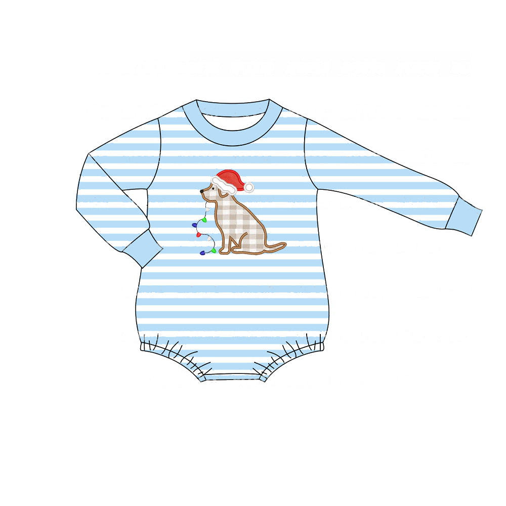 presale LR1307 Christmas Hat Puppy Light Stripe Blue and White Long Sleeve Onesie