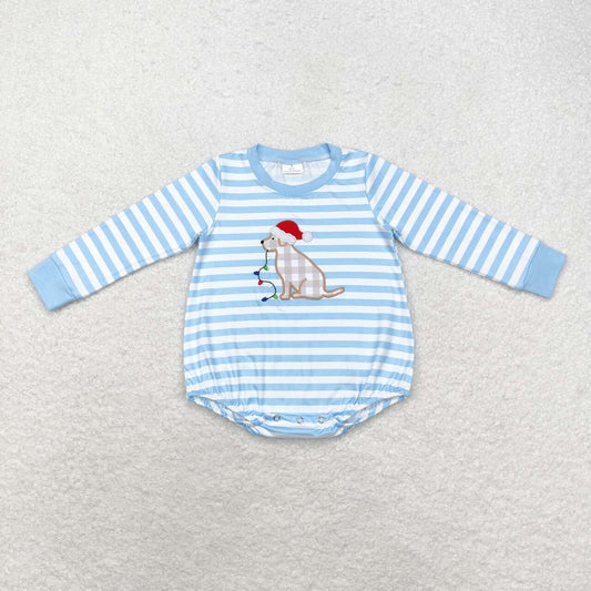 LR1307 Christmas Hat Puppy Light Stripe Blue and White Long Sleeve Onesie