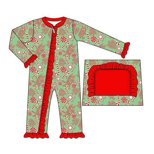 presale LR1310 Christmas Cane Lace Red and Green Zipper Long Sleeve Bodysuit