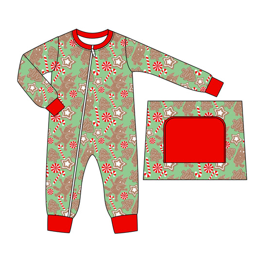 presale LR1311 Christmas Cane Red and Green Zipper Long Sleeve Bodysuit