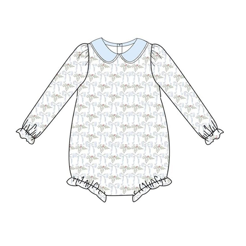 presale LR1312 Christmas leaf bow pattern baby collar blue and white long-sleeved jumpsuit
