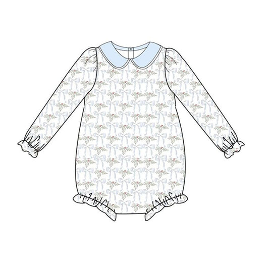 presale LR1312 Christmas leaf bow pattern baby collar blue and white long-sleeved jumpsuit
