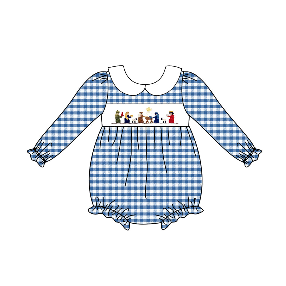 presale LR1331 Blue plaid long-sleeved jumpsuit with baby doll collar