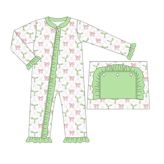 presale LR1344 Pink bow pattern leaves green lace white zipper long sleeve jumpsuit